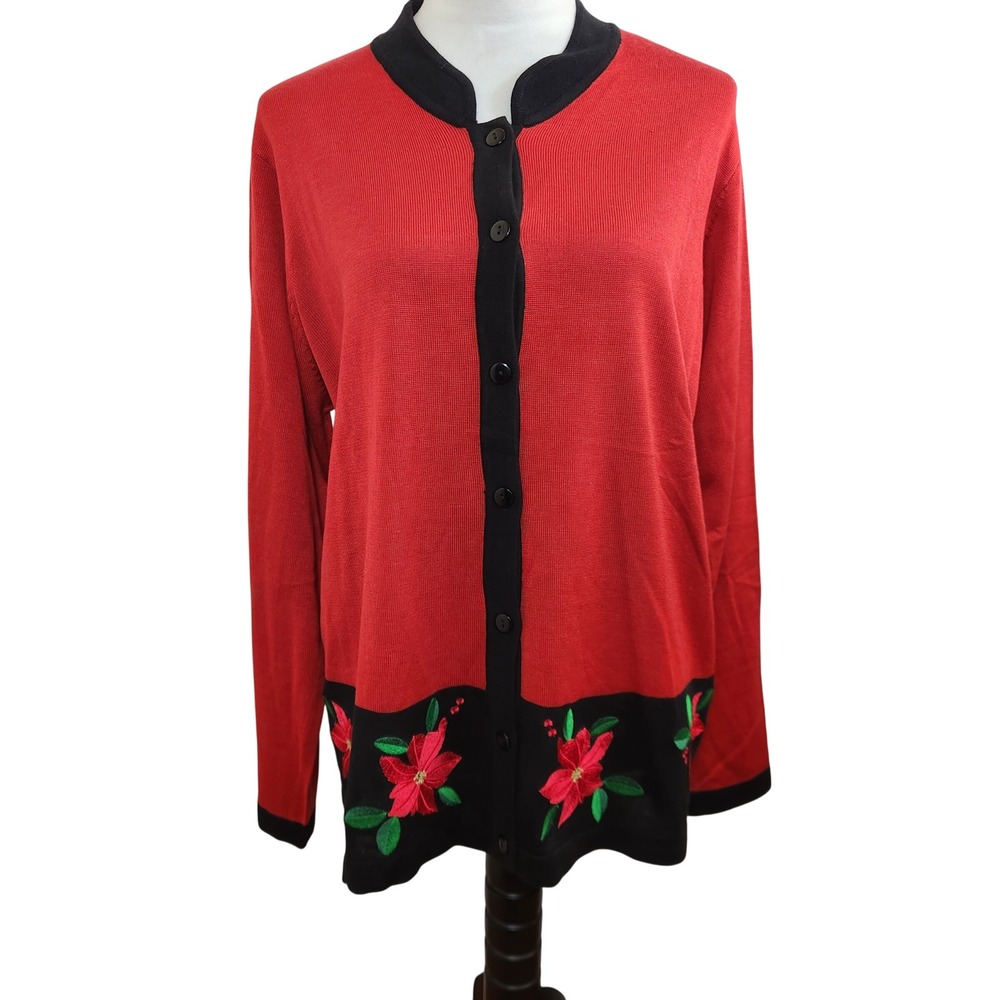 Lea Apparel Womens Cardigan Sweater XL Poinsettia‎ Holiday Christmas Red Top